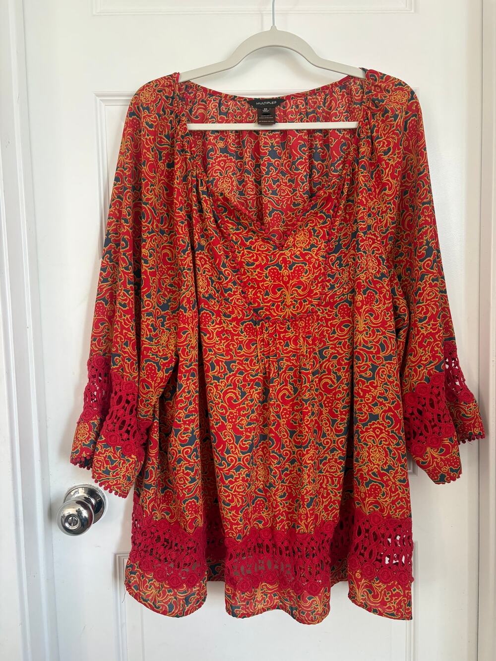 Multiples 3X Boho Paisley Peasant Blouse Red Crochet Lace Bell Sleeve Tunic